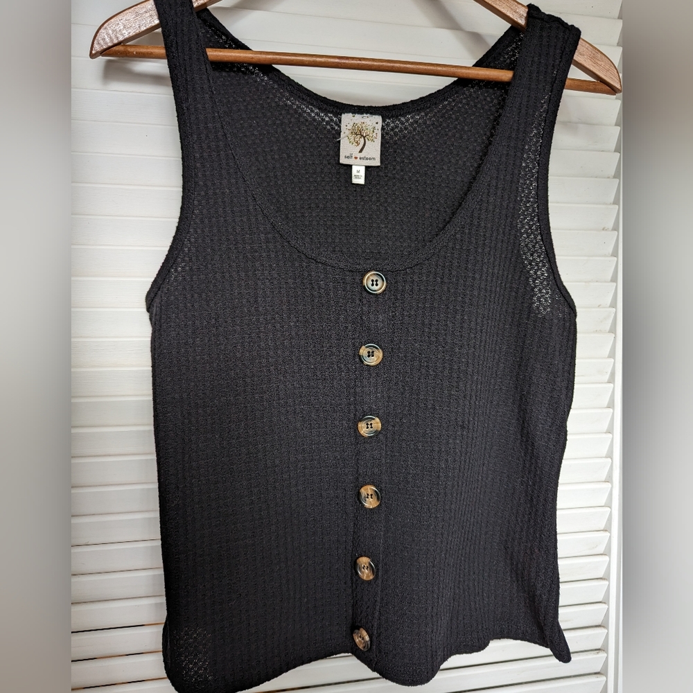 Self Esteem black waffle knit top blouse sz M